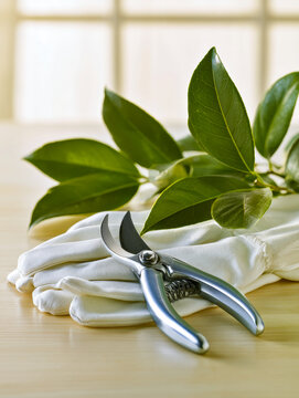 Gardening Gloves and Pruning Shears with Fresh Green Leaves