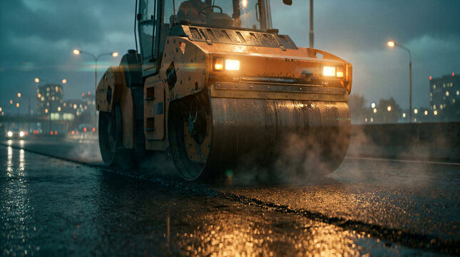 Asphalt compactor working on highway at night|Steam rising from hot asphalt during road construction|Heavy machinery paving wet city street in the rain|Industrial road roller compacting pavement