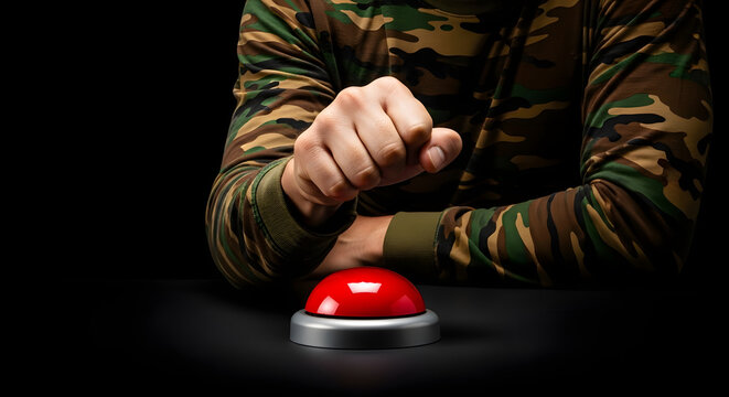 Soldier in camouflage uniform pressing a large red alarm button