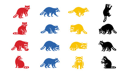 Obraz premium Raccoon Silhouette Set Banded Tail Poses Vector Collection Mascot Logo Icon Set
