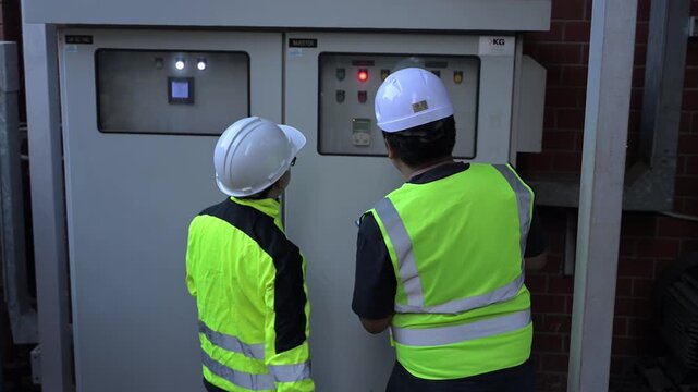 Two professional male industrial engineers in protective safety gear inspect an outdoor electrical control panel during routine commercial facility maintenance and quality testing operations.