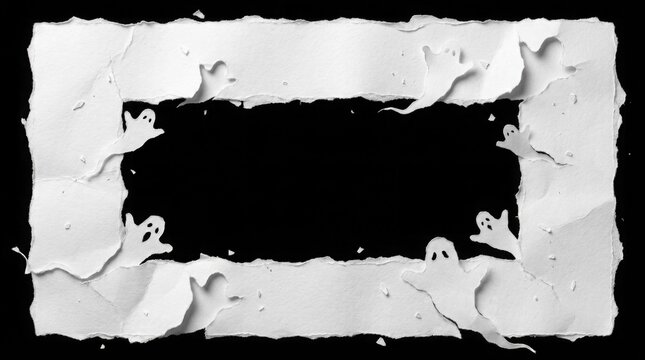 A spooky halloween torn paper frame featuring cute ghost illustrations isolated on a dark black background for design