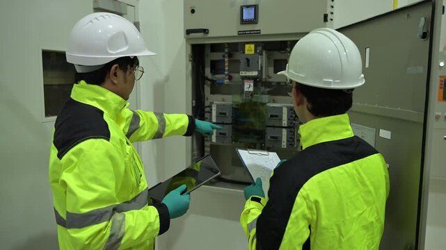 Two professional male industrial engineers in protective safety gear inspecting a complex electrical control panel using a digital tablet during a routine factory maintenance evaluation.