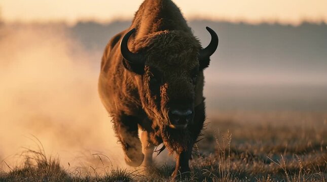 European bison charging through a misty meadow at sunrise, with visible breath in the cold air and grass bending beneath massive hooves in a powerful ultra-realistic wildlife scene.