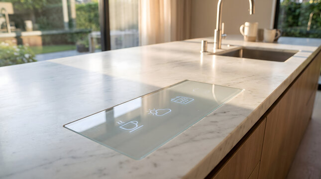 Futuristic smart home touch glass display panel embedded in a marble kitchen island counter showing glowing digital icons