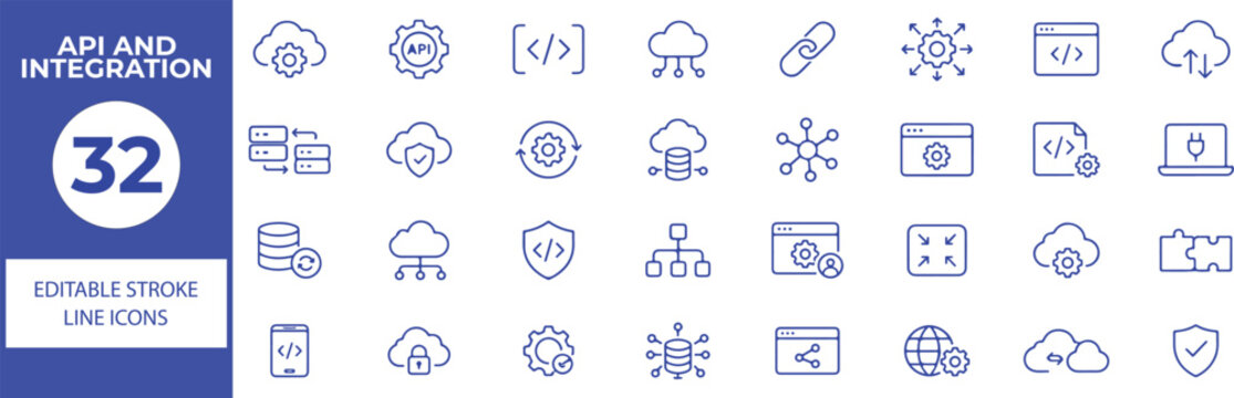 32 API and Integration Vector Outline Icons Set,Cloud Computing, Web Development, Database, Software, Network and Technology Line Symbols Collection