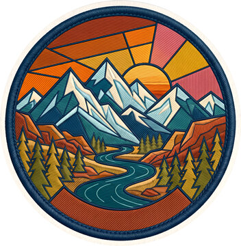 Vintage Stained Glass Mountain Landscape Embroidered Patch Sticker with Sunset and River Sticker