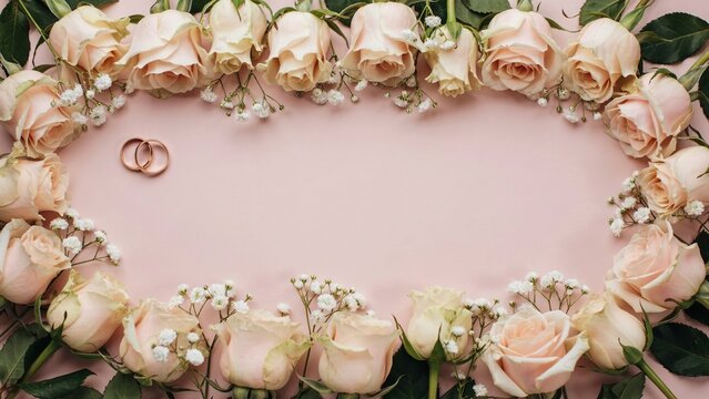 Oval frame made of soft peach roses and small white baby breath flowers with two gold wedding rings on a light pink background, surface area