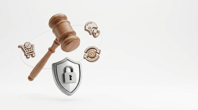 Gavel protection shield consumer law concept with lock and finance symbols on white background conveying security and legal defense for purchasing rights