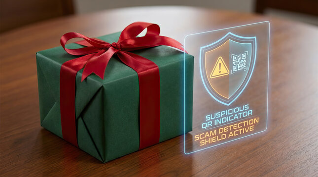 Gift box with code, green package, red ribbon, digital security warning