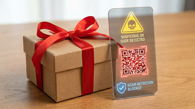Gift box with red ribbon and scam warning code on digital sign