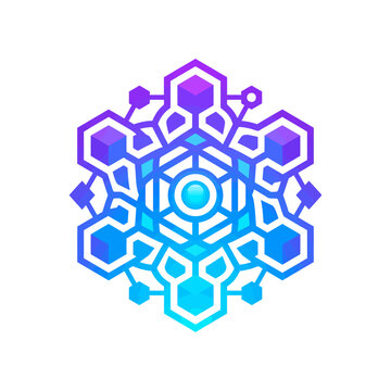 Abstract geometric snowflake logo with blue and purple gradient technology icon design