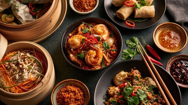 Assortment of Asian dishes with steaming noodles savory dumplings and spicy shrimp curry in overhead view with dramatic lighting
