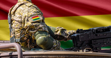 Bolivia flag with soldier at machinegun turret © lucky pics