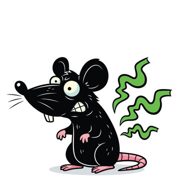 Angry black rat cartoon character with green stink lines and big eyes vector illustration for pest control and humor