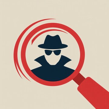 Minimalist digital illustration of a mysterious spy character viewed through a red magnifying glass