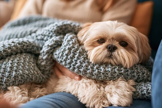 Cute shih tzu dog wrapped in a cozy knitted blue blanket relaxing on a couch