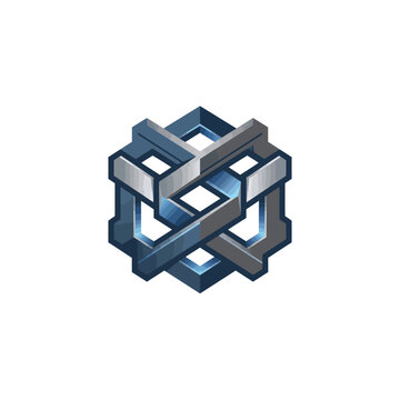 Abstract futuristic metallic geometric logo with interlocking blue and silver hexagonal shapes