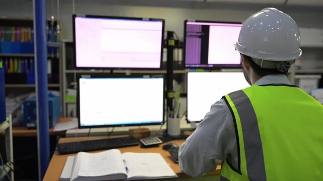Engineer working at control room, Manager control system, Technician man monitoring program from a lot of monitor. Specialist observes analytics dashboard,operator inspects digital interface