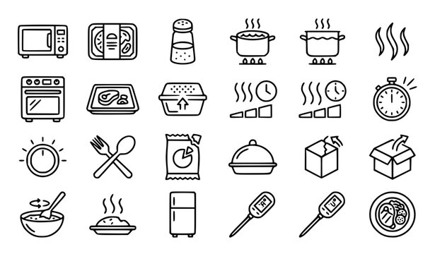 Ready to Eat Food Preparation Line Icons with Microwave Bake Boil and Meal Package