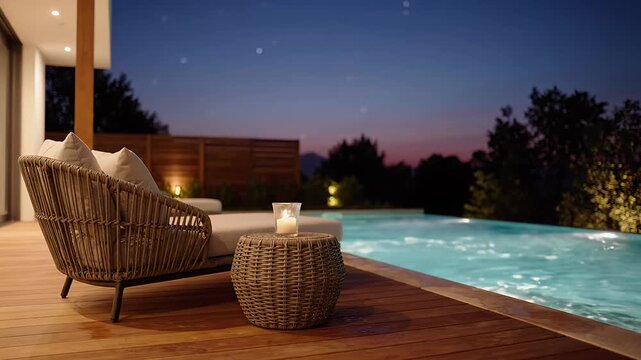 Luxury poolside patio at twilight with wicker furniture.