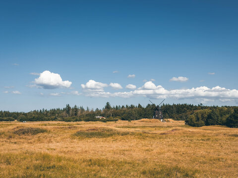 Traditional windmill standing in scenic rural landscape of Thy National Park under blue sky, Denmark