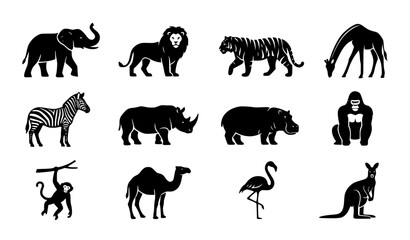 Fototapeta premium Zoo Wildlife Silhouette Icons Set with Elephant Lion Tiger Giraffe Zebra Rhino and Monkey