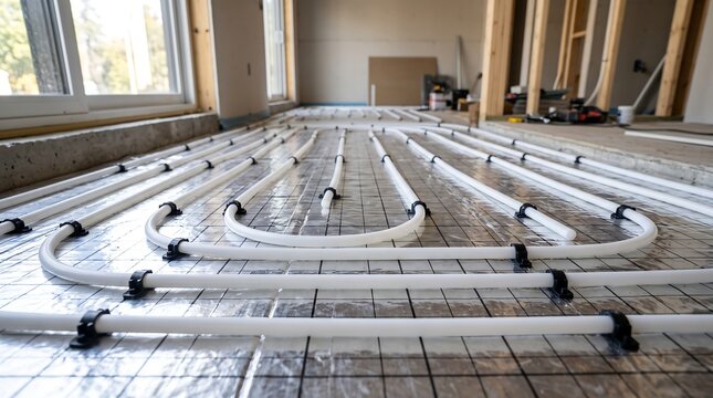 Underfloor heating pipe system laid out in a spiral pattern on insulated foil matting during home construction.