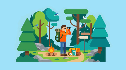 Naklejka premium Backpacker Bird Watching in Forest Camping Adventure