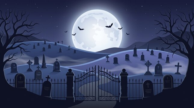 Spooky pixel art graveyard at night with a full moon and flying bats in the sky