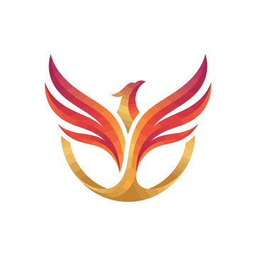 Stylized phoenix logo vector illustration featuring a firebird with spreading wings in gold and red gradients