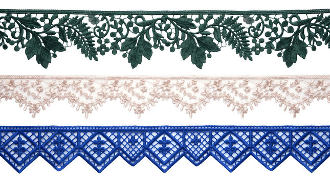 Three different styles of decorative lace trim isolated on transparent background
