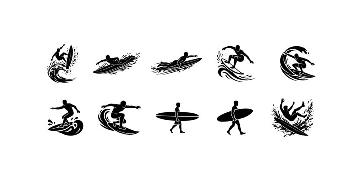 Collection of dynamic surfing and surfboard silhouette illustrations featuring surfers riding waves, carrying boards, and performing various water sport poses. Clean black vector artwork suitable for 