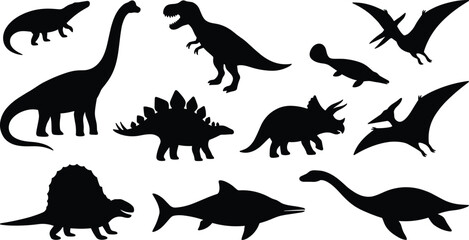 Dinosaur stickers vector silhouette set with various prehistoric reptiles, T-Rex, Brachiosaurus, Stegosaurus, and Triceratops isolated on white © Rajib