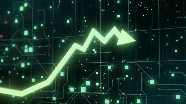 Green glowing downward arrow on digital circuit board background, concept of stock market crash and financial technology decline