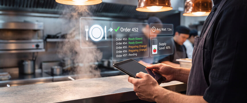 manager holds glowing order tracking hologram with queue status and wait time icon to verify kitchen readiness, confirm ingredient supply, manage restaurant operations workflow