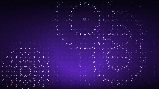 Abstract glowing particles form circular patterns on a deep purple digital background.
