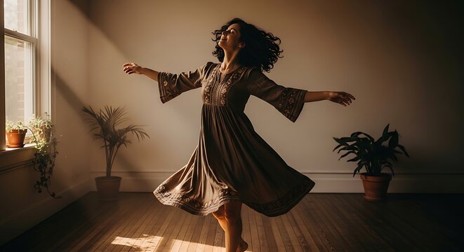 Happy young woman dancing alone in a sunlit room enjoying her freedom and peace