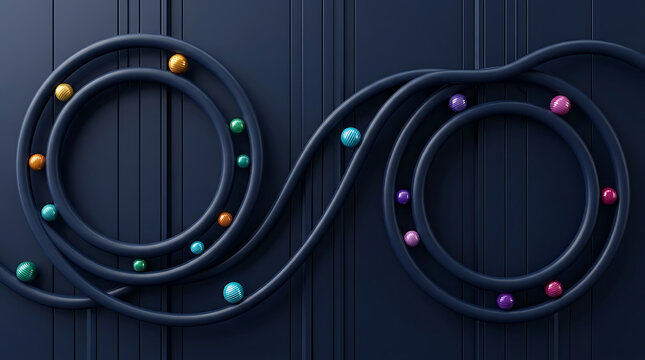 Colorful spheres navigating a spiraling dark blue pathway with subtle lighting and depth