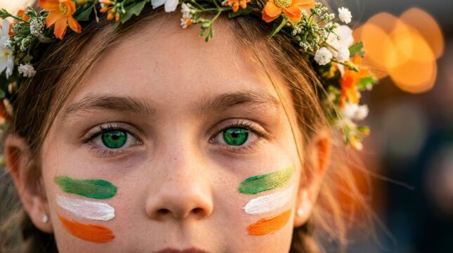 Girl with Irish face paint and floral crown celebrating at a festival