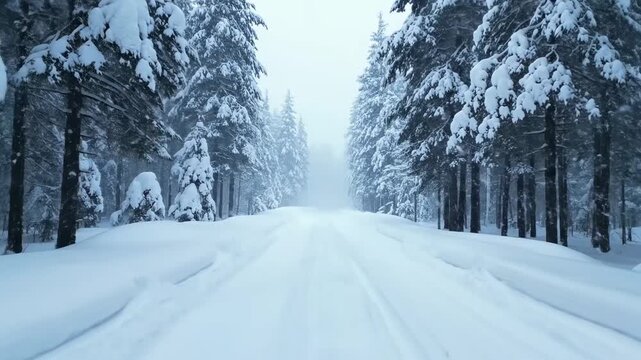 Snowmobile traverses a snow covered forest path during a winter storm snow trees trail snowdrift snowstorm powder wilderness outdoor