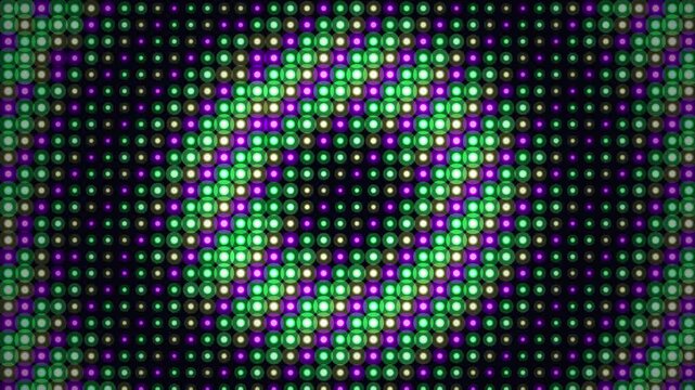 Abstract digital background featuring glowing neon green and purple pixel dots arranged in a geometric grid pattern.