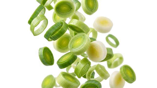 Fresh Sliced Green Leeks Falling Against White Background Organic Cooking Ingredients Healthy Vegetable Concept