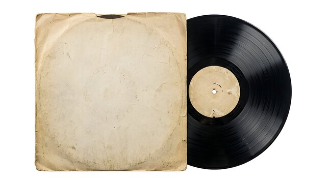 Vintage vinyl record with aged paper sleeve isolated on white background for retro music concepts