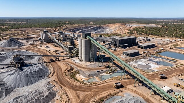 Aerial view of a large open pit mining facility with ore processing plant and conveyors