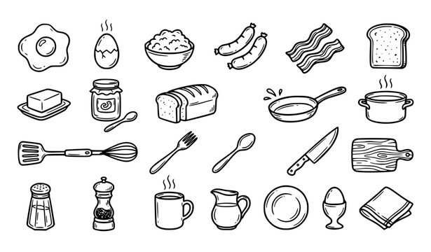 Hand Drawn Breakfast Cooking Doodle Icons with Eggs Sausage Toast and Coffee