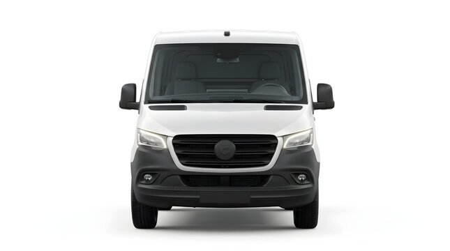 Front view of a white commercial delivery van parked on a clean studio floor for business and transport use