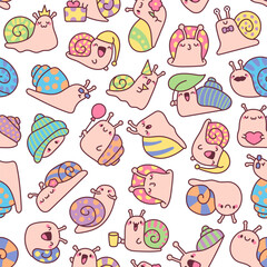 Naklejka premium Cute snail seamless pattern set featuring crown gift flower glasses heart nightcap leaf mug mustache balloon mollusk animal character cartoon