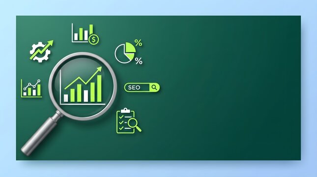 Magnifying glass with business charts and seo icons on board.