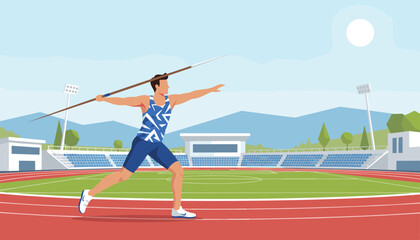 Obraz premium Concentrated javelin thrower prepares to release the spear at a professional sports stadium with a running track and sunny blue sky.